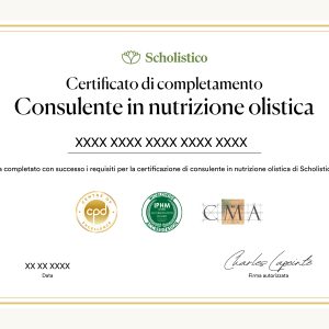 Certificato ufficiale per la certificazione di consulente in nutrizione olistica