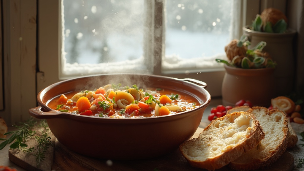 Una ciotola colorata di minestrone, piena di una varietà di verdure, fagioli e piccola pasta, vapore che si alza, con una fetta di pane rustico a lato e un paesaggio invernale visibile attraverso una finestra
