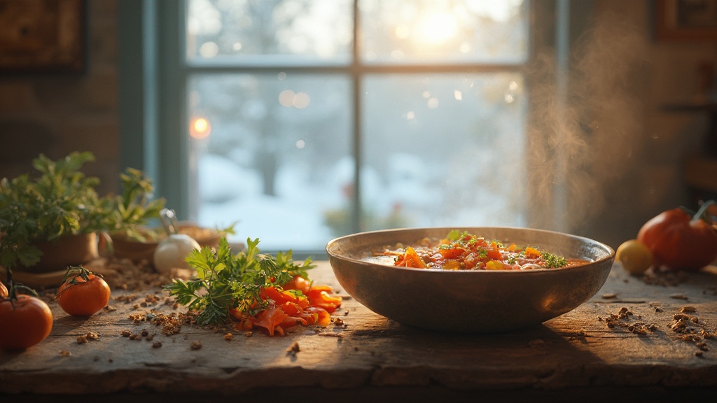 Una ciotola colorata di minestra d'orzo e verdure, vapore che si alza, con una varietà di verdure tagliate visibili, su un tavolo di legno con una scena invernale attraverso una finestra vicina
