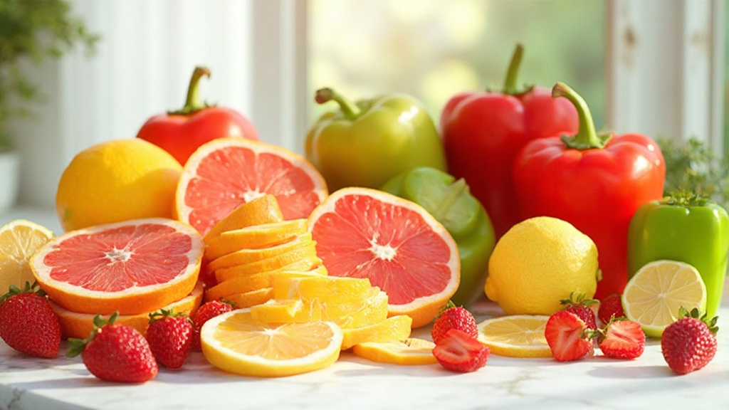 Composizione di agrumi, peperoni e fragole