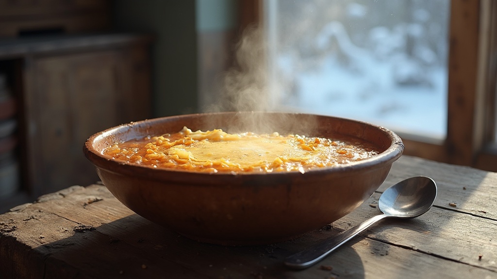 Una ciotola di zuppa di cipolle francese con una crosta dorata di formaggio fuso in cima, servita in una ciotola di ceramica rustica, con un cucchiaio accanto e una scena invernale visibile attraverso una finestra