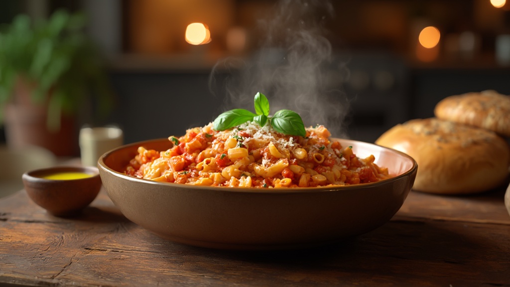 Una ciotola fumante di pasta e fagioli, che mostra un mix di pasta e fagioli in un brodo denso a base di pomodoro, guarnita con basilico fresco e Parmigiano grattugiato, su un tavolo di legno con uno sfondo di cucina accogliente