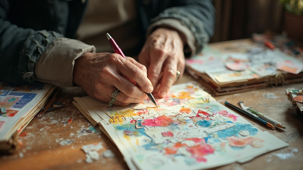 Persona anziana che lavora su un diario visivo colorato