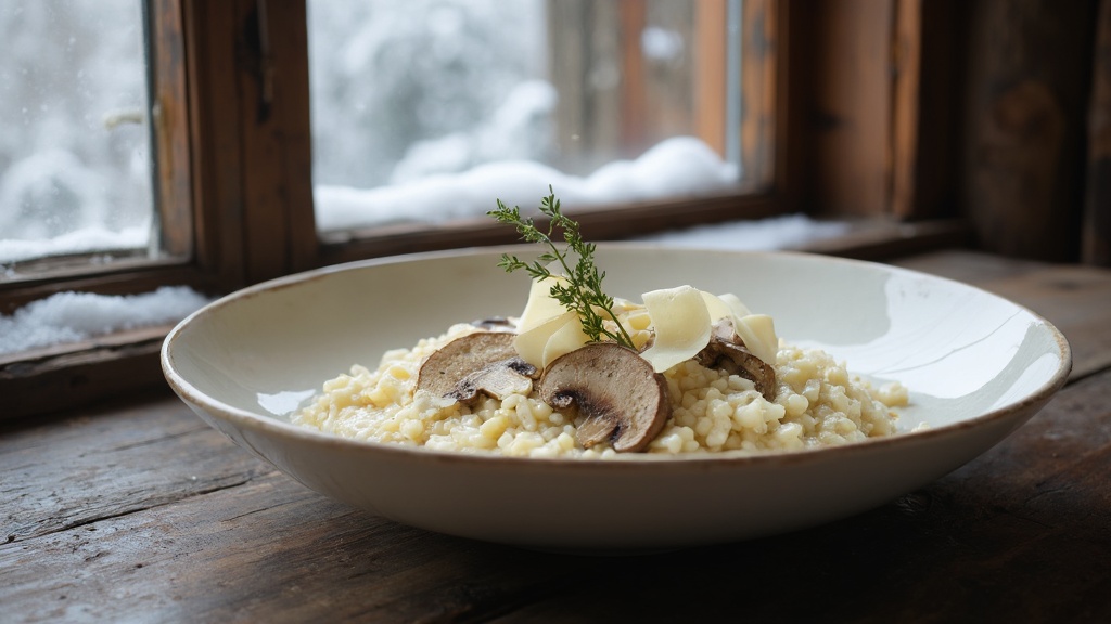 Un risotto cremoso ai funghi in una ciotola bianca, guarnito con timo fresco e scaglie di Parmigiano, su un tavolo di legno scuro con una finestra che mostra una scena innevata