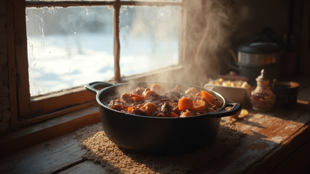 Uno stufato di manzo sostanzioso con verdure a radice in una pentola di ghisa, vapore che si alza, con uno sfondo di cucina rustica e una finestra coperta di neve