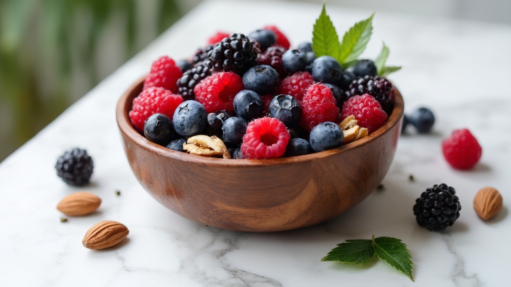Ciotola di frutti di bosco e frutta secca con foglie di tè verde