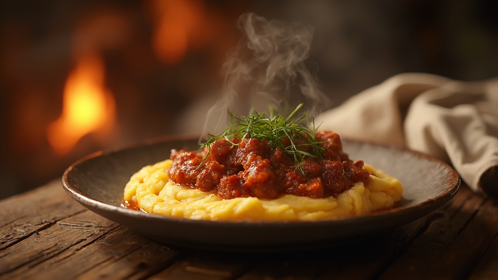 Un piatto di polenta cremosa ricoperto da un ricco ragù di salsiccia, guarnito con erbe fresche, su un tavolo di legno rustico con un camino sullo sfondo