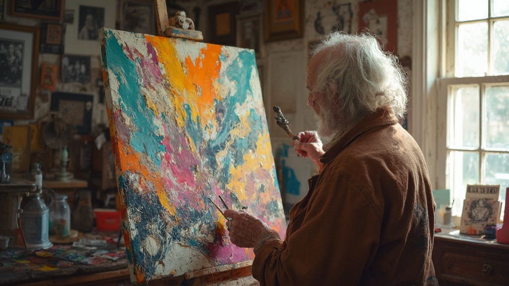Persona anziana che dipinge un quadro astratto con colori vivaci