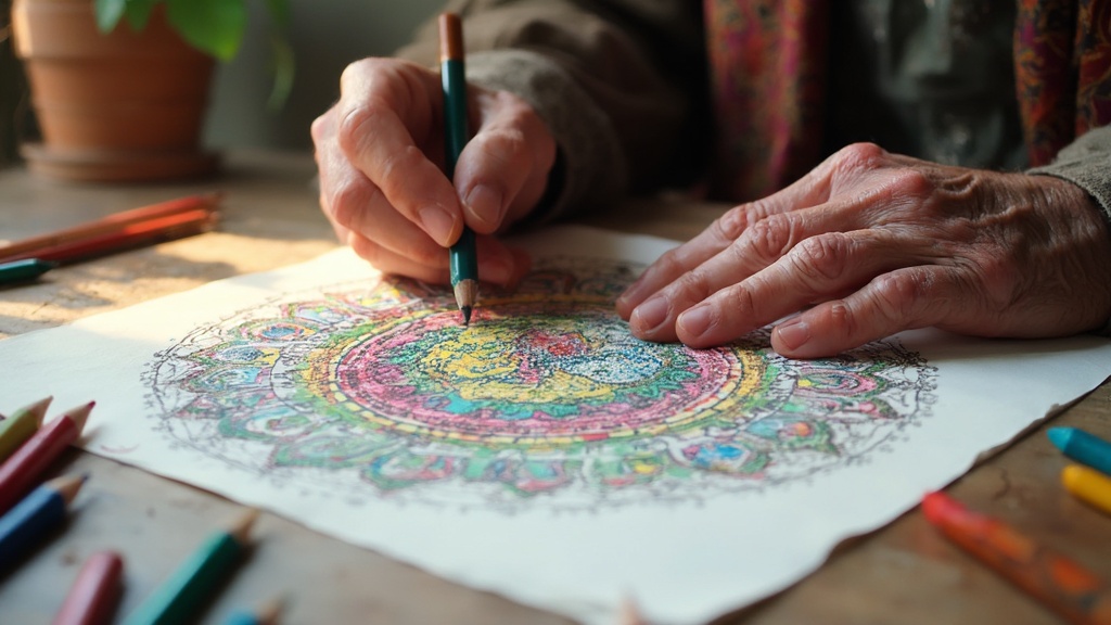 Persona anziana che disegna un mandala dettagliato