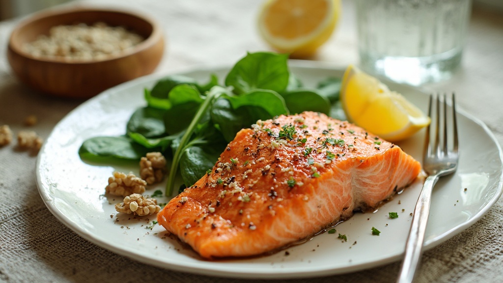 Piatto di salmone con semi di lino, noci e spinaci