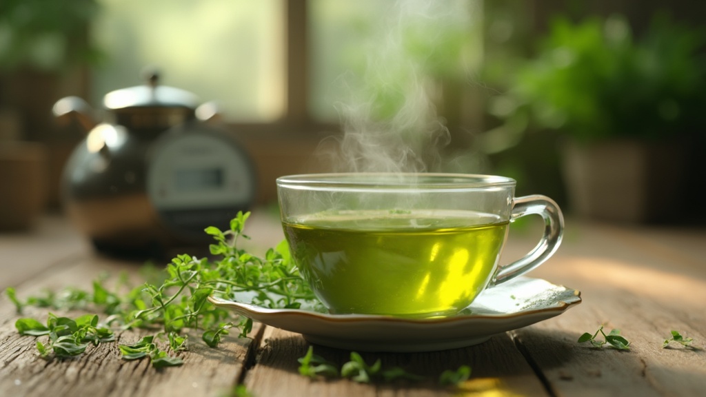 Tazza di tè verde con foglie fresche