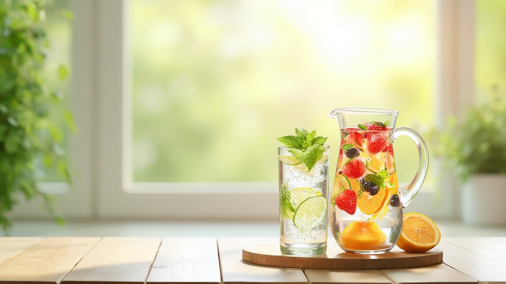 Bicchiere d'acqua con cetriolo e menta, e caraffa d'acqua infusa