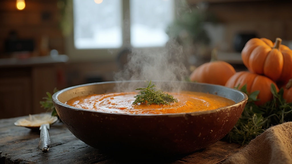 Una ciotola fumante di zuppa di lenticchie e zucca, guarnita con erbe fresche, su un tavolo di legno rustico con uno sfondo invernale accogliente