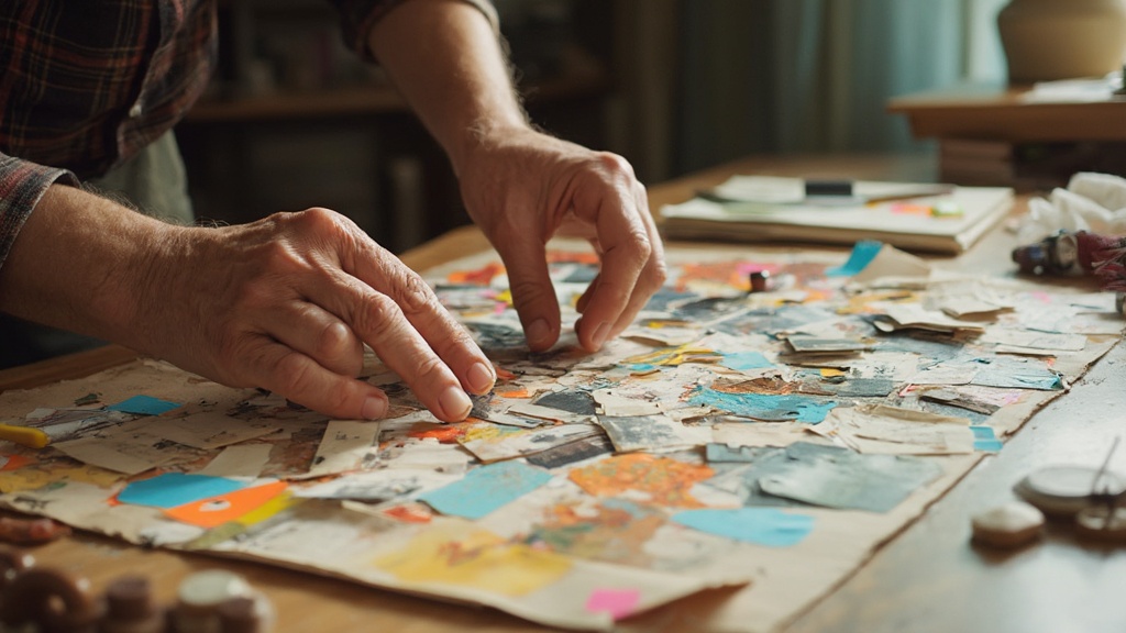 Persona anziana che crea un collage colorato con foto e ritagli