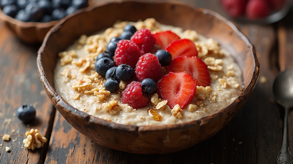 Ciotola di porridge d'avena con frutta e noci