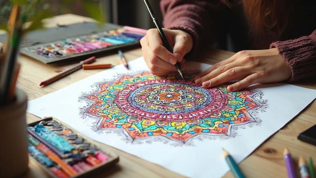 Persona che crea un mandala colorato su carta