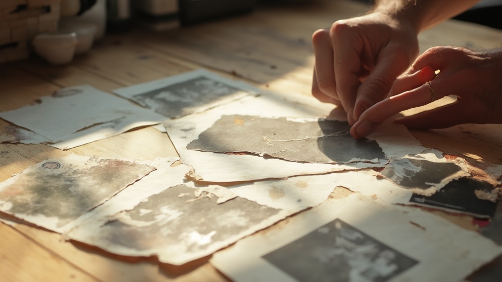 Tavolo con ritagli di riviste, foto e carte texturizzate per un collage