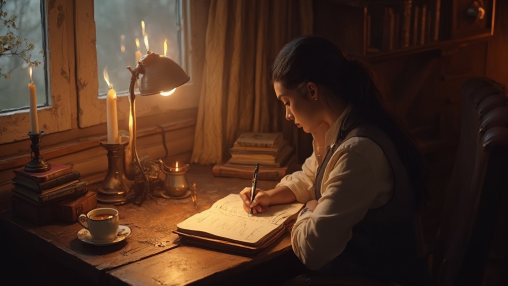 Persona che scrive in un diario circondata da libri e candele