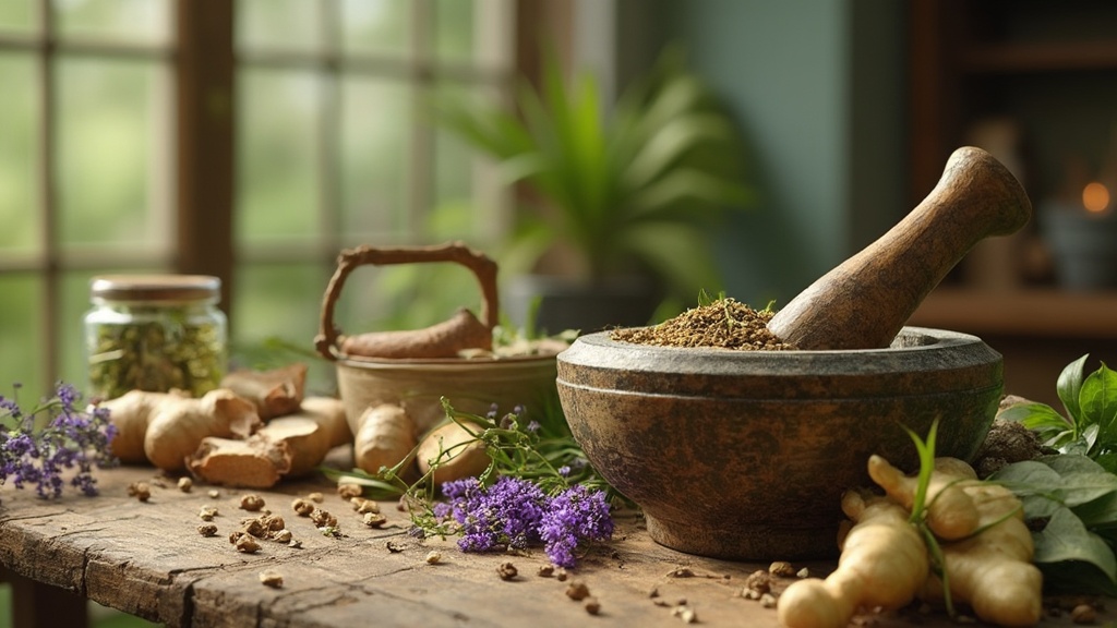 Varietà di erbe medicinali su un tavolo di legno