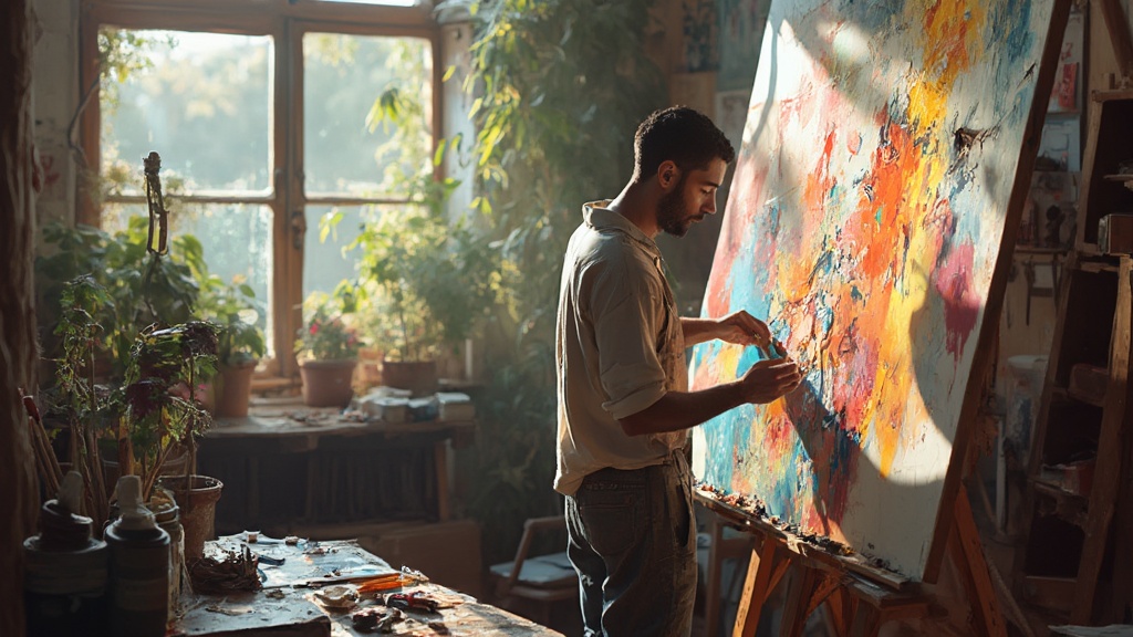 Persona che dipinge con colori vivaci su una grande tela