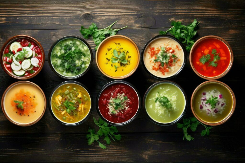 ai generated bowls of different soups on wooden backgrounds assortment of colored vegetable cream soups dietary food soup with cream and parsley ai generated free photo